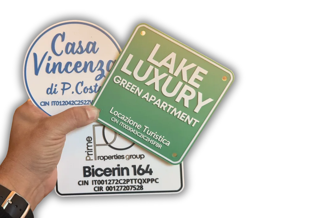 Targhe CIN stampa 3D personalizzate — Casa Vincenza, Lake Luxury, Bicerin 164